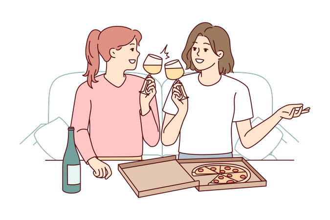 Filles mangeant de la pizza  Illustration