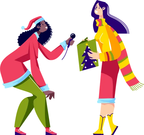 Filles portant des vêtements de Père Noël chantant une chanson de Noël  Illustration