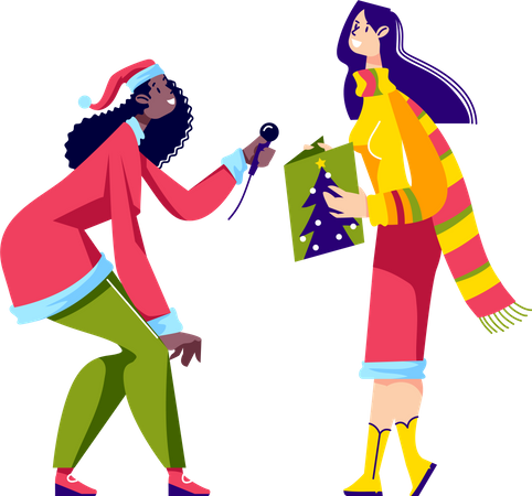 Filles portant des vêtements de Père Noël chantant une chanson de Noël  Illustration