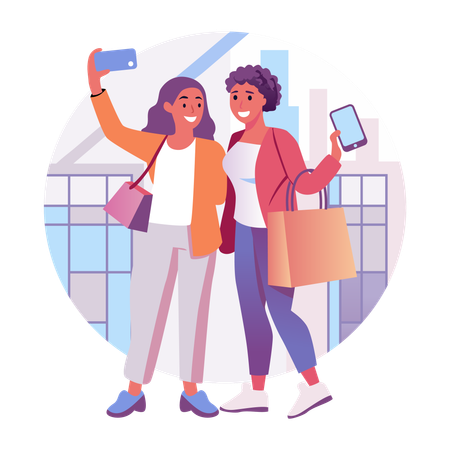 Des filles prennent des selfies en faisant du shopping  Illustration