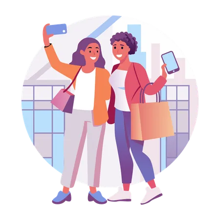 Des filles prennent des selfies en faisant du shopping  Illustration