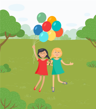 Filles s'amusant à sauter avec des ballons  Illustration