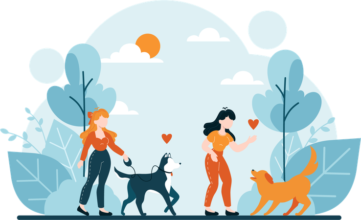 Filles sortant avec un chien  Illustration