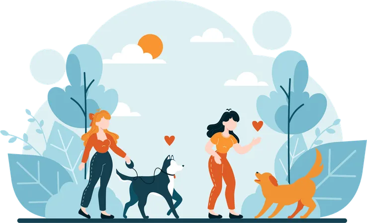 Filles sortant avec un chien  Illustration