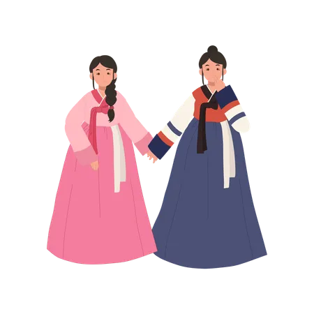 Filles souriantes heureuses en robe traditionnelle coréenne hanbok pour les vacances  Illustration