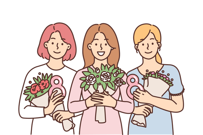 Filles tenant un bouquet de fleurs  Illustration