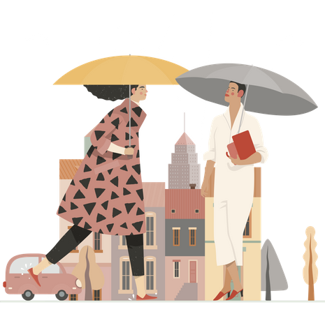 Filles tenant un parapluie sous la pluie  Illustration