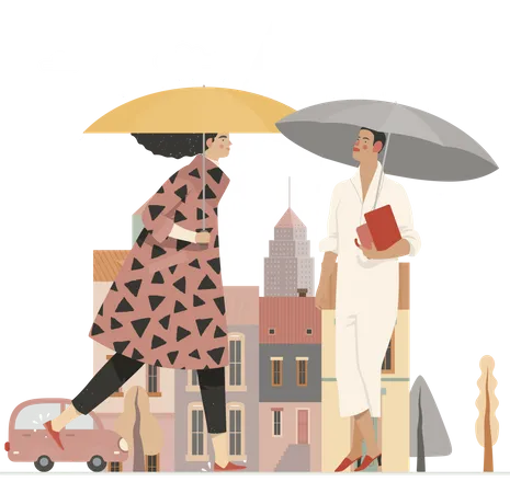 Filles tenant un parapluie sous la pluie  Illustration