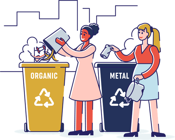 Filles triant les déchets organiques et métalliques jetant les déchets dans des poubelles de recyclage appropriées  Illustration