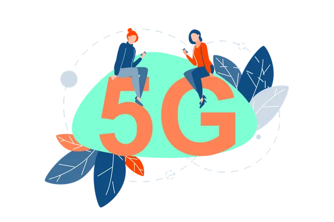 Les filles utilisent le réseau 5G sur mobile  Illustration