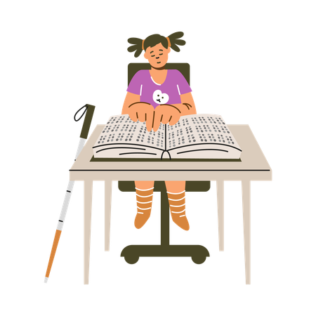 Une fille lit un livre en braille  Illustration