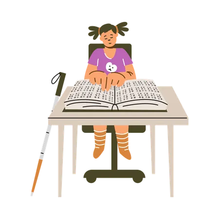 Une fille lit un livre en braille  Illustration