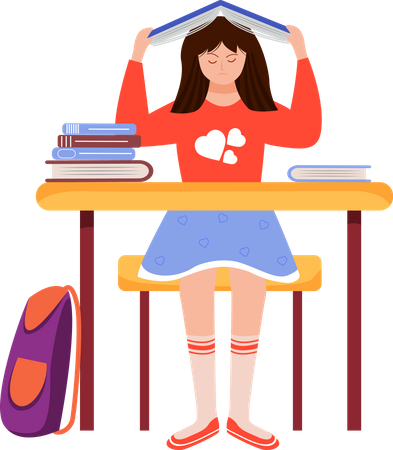 Fillette surchargée de devoirs  Illustration