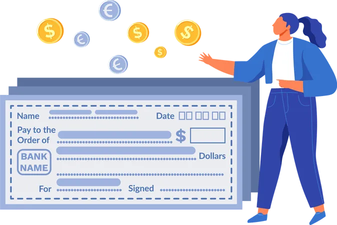 Filling Out Bank Check To Transfer Funds Woman Working With Banking And Money Currency Transactions Bill Payments Taxation Businesswoman Next To Security Paper For Owner Bank Account Data Illustration