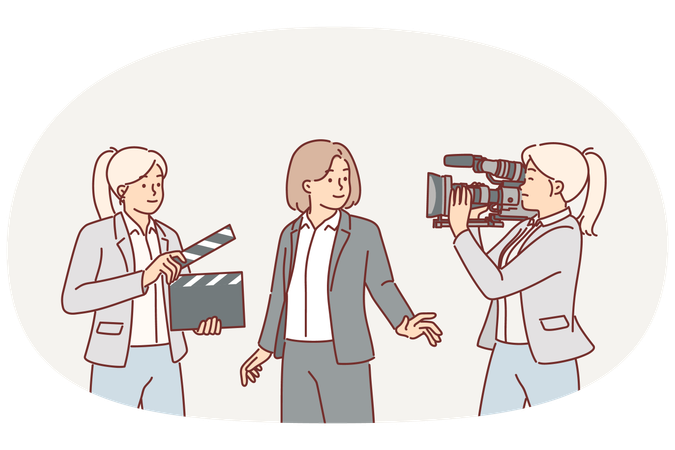 Film crew of cameraman and female assistant with clapboard near television presenter  Illustration