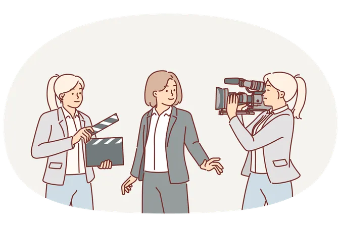 Film crew of cameraman and female assistant with clapboard near television presenter  Illustration