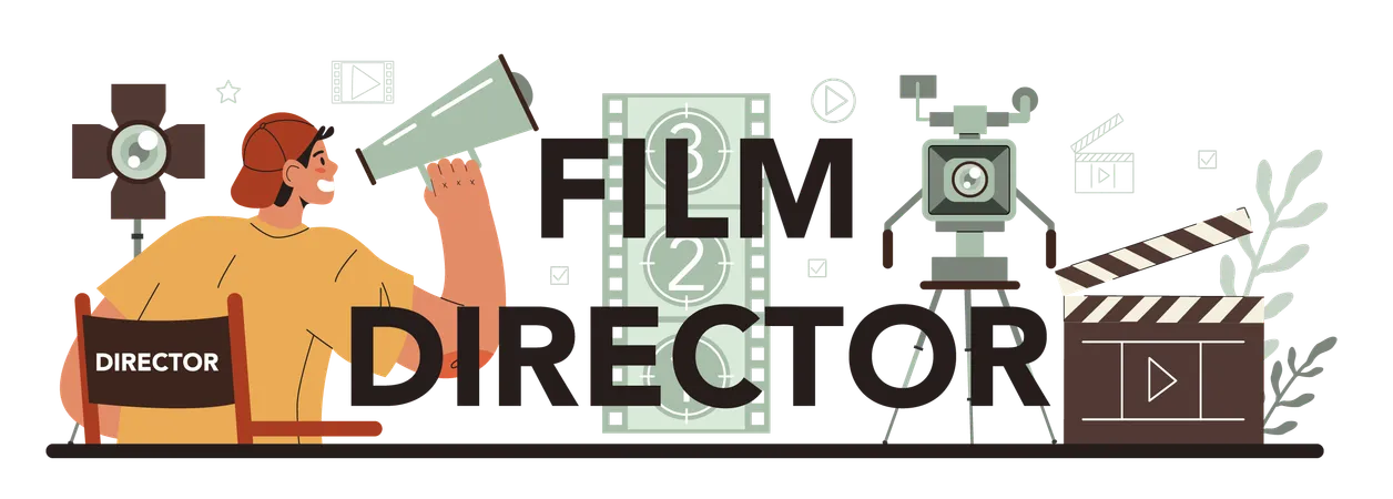 Film Director Typographic Header Movie Maker Leading A Filming Process Clapper And Camera Equipment For Film Making Idea Of Creative People And Profession Flat Vector Illustration Illustration