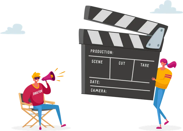 Movie Making Process With Director Character Using Megaphone And Staff With Equipment For Recording Film Woman Assistant With Clapper Indicating Numbers Of Takes Cartoon People Vector Illustration Illustration
