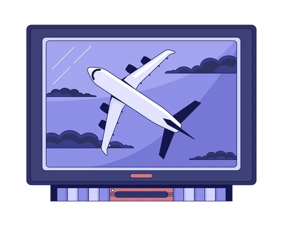 F Ilm On Tv Flat Line Color Isolated Vector Object Flying Plane On Display Editable Clip Art Image On White Background Simple Outline Cartoon Spot Illustration For Web Design Illustration