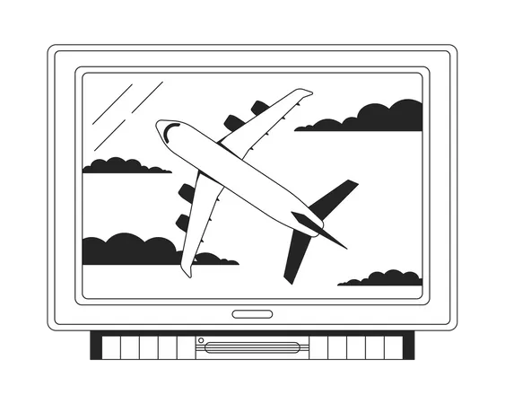 F Ilm On Tv Flat Monochrome Isolated Vector Object Flying Plane On Display Editable Black And White Line Art Drawing Simple Outline Spot Illustration For Web Graphic Design Illustration