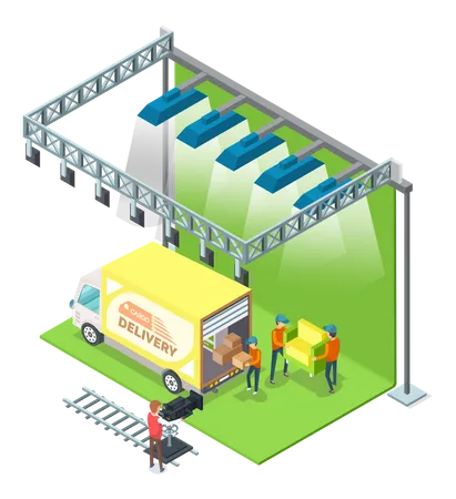 Cena de filmagem de entrega de mercadorias para filme  Ilustração