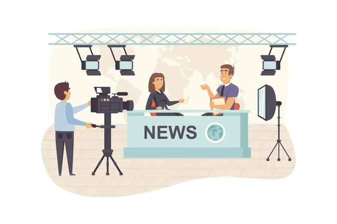 Filming Television News Program Scene Man And Woman Presenters At Tv Show Cameraman Recording Video Journalism Mass Media And Press Concept Vector Illustration Of People Characters In Flat Design Illustration
