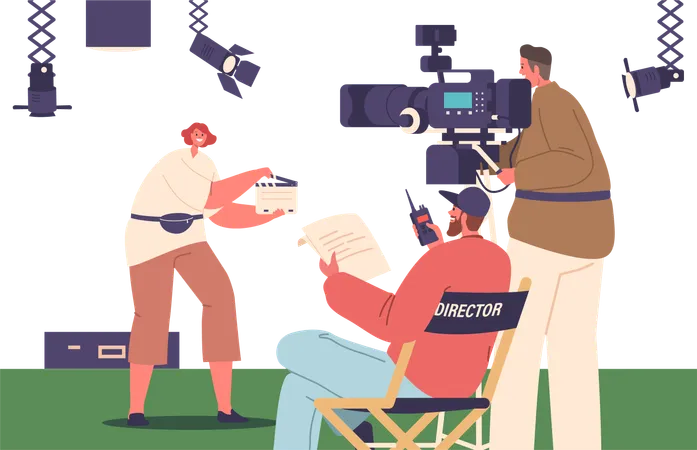 Filmmakers Meticulously Orchestrate Scenes Utilizing Lighting Sound And Camera Angles In A Studio Amid A Controlled Environment Ensuring Cinematic Perfection Cartoon People Vector Illustration Illustration