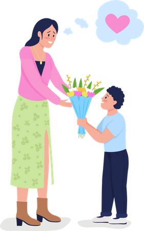 Fils offrant des fleurs à sa mère  Illustration