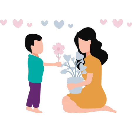 Le fils offre des fleurs à sa mère  Illustration