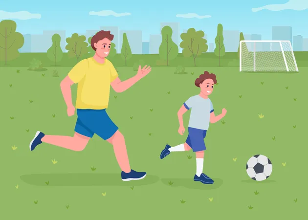 Fils jouant au football avec papa  Illustration