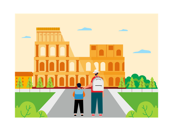 Fils voyageant à Rome avec son père  Illustration