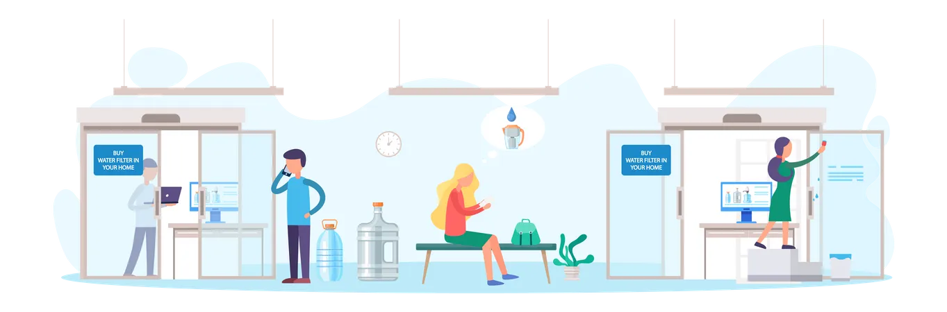 Sale Of Filtered Water Business Concept Manager In Office Take Orders From Customers For Delivery Of Clean Water In Bottles For Consumers Drinkable Pure Water Treatment Filtration Technology Illustration