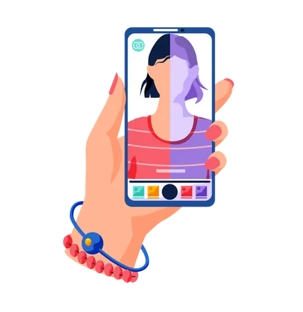 Filters for selfie screen interface photo frame in social media application, processes snapshot  Illustration