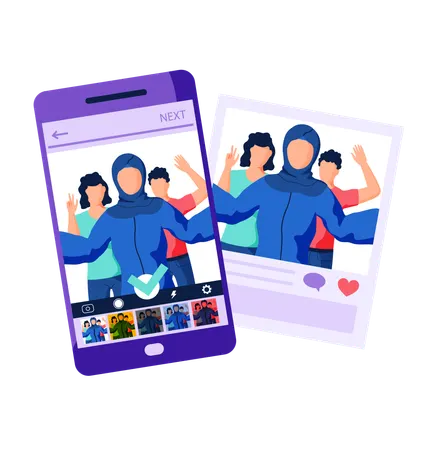 Filters for selfie screen interface photo frame in social media application with portrait of people  Illustration