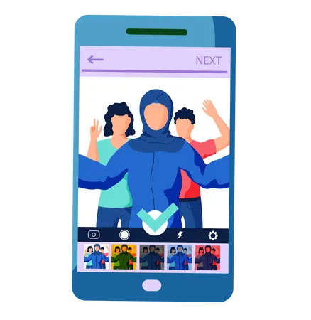 Filters for selfie screen interface photo frame in social media application with portrait of people  Illustration