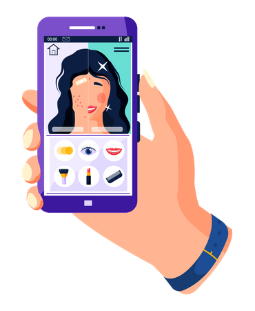 Filtres de beauté pour le cadre photo de l'interface d'écran selfie dans l'application de médias sociaux avec une fille se maquillant  Illustration