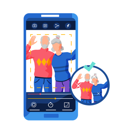 Filtres pour l'interface de l'écran selfie cadre photo dans l'application de médias sociaux avec portrait de personnes adultes  Illustration