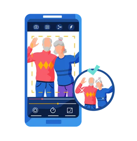 Filtres pour l'interface de l'écran selfie cadre photo dans l'application de médias sociaux avec portrait de personnes adultes  Illustration