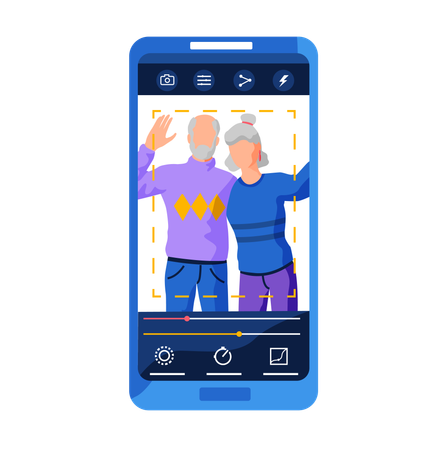 Filtres pour l'interface de l'écran selfie cadre photo dans l'application de médias sociaux avec portrait de personnes adultes  Illustration