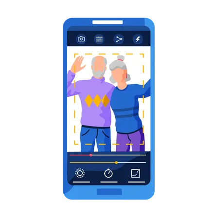 Filtres pour l'interface de l'écran selfie cadre photo dans l'application de médias sociaux avec portrait de personnes adultes  Illustration