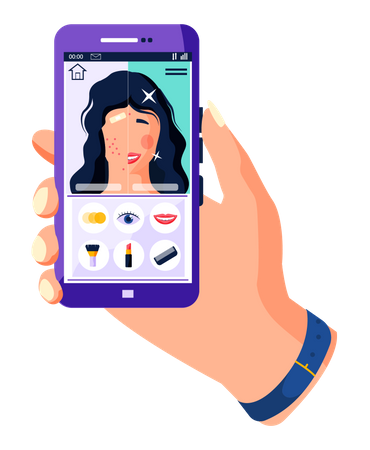 Filtros de belleza para el marco de fotos de la interfaz de pantalla selfie en la aplicación de redes sociales con una chica maquillándose  Ilustración