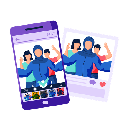 Filtros para la interfaz de pantalla selfie del marco de fotos en la aplicación de redes sociales con retratos de personas  Ilustración