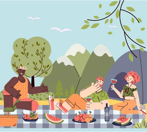 Fin de semana de picnic al aire libre con amigos y barbacoa  Ilustración