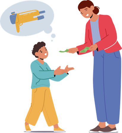 Finance Education With Young Boy Approaches His Mom  Illustration