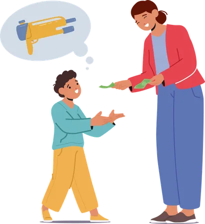 Finance Education With Young Boy Approaches His Mom  Illustration