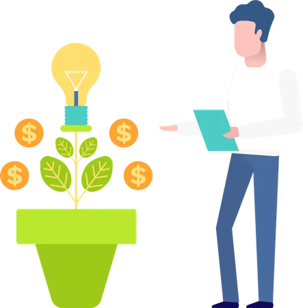Worker Presenting Money Tree Leaves With Coins Decorations Growth Plant And Lightbulb Symbol Of Cash Man Character In Suit Business Invest Vector Illustration