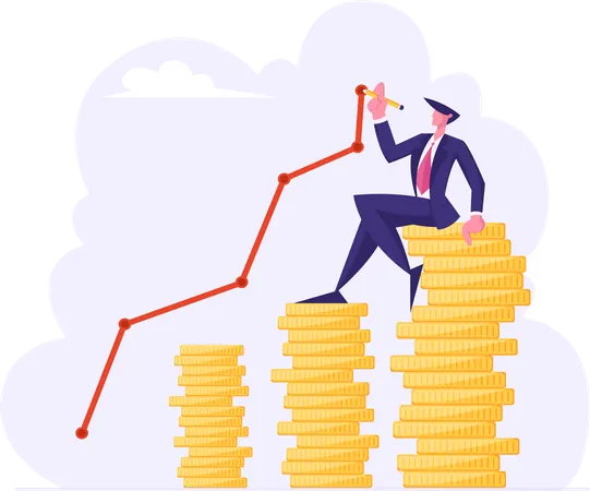 Finance Success Money Wealth Concept Business Man Sitting On Top Of Golden Coin Stack Drawing Growing Curve Line Growth Financial Profit Diagram Investment Income Cartoon Flat Vector Illustration Illustration
