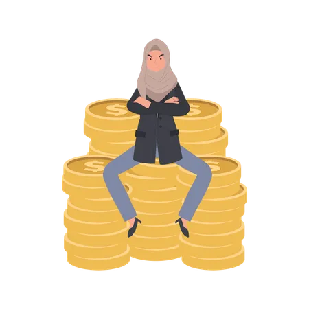 Finance Successful Entrepreneur Concept Muslim Businesswoman Sitting On Top Of Stack Of Coins Illustration