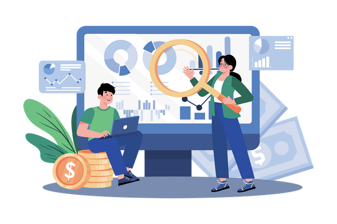 Finance team member analyzing financial data with the team  Illustration