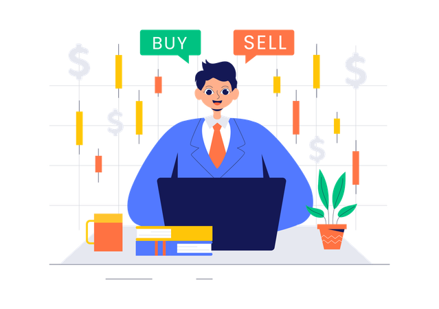 Trader financeiro verificando gráfico de velas  Ilustração